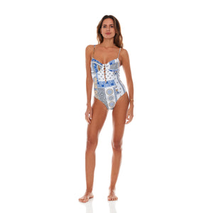 Blue bandana one piece bathing suit