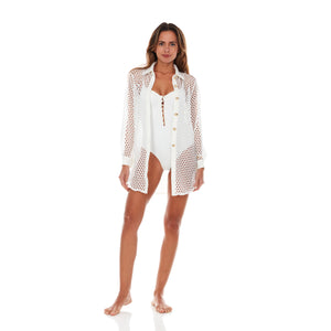 White Crochet Long Button Down