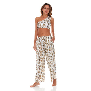 White / Brown Paisley Satin Pants